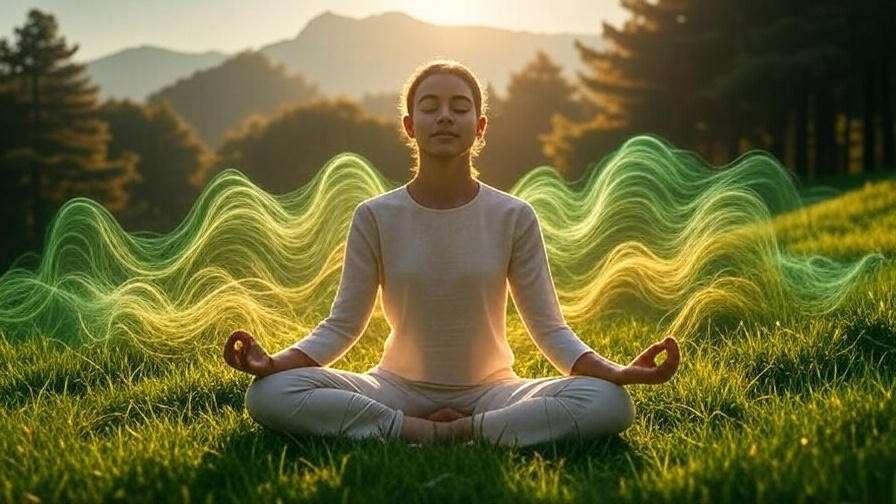 Person meditating outdoors at sunrise with AI-enhanced mindfulness waves in a misty forest.