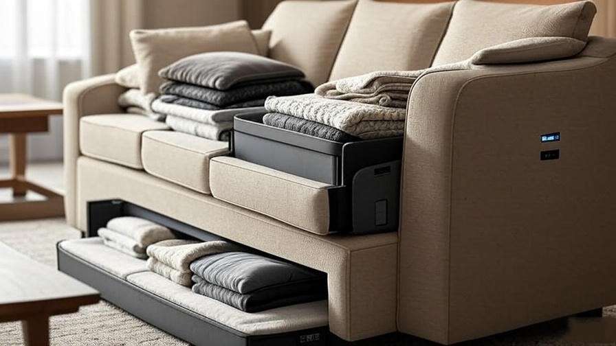 Coddle Aria Fabric Sleeper Sofa with Chaise highlighting hidden storage and USB charging ports for everyday use.

