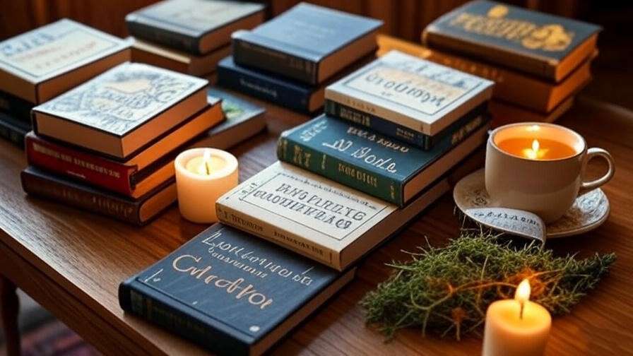  Assortment of sleep-friendly books with herbal tea and candle on wooden table.
