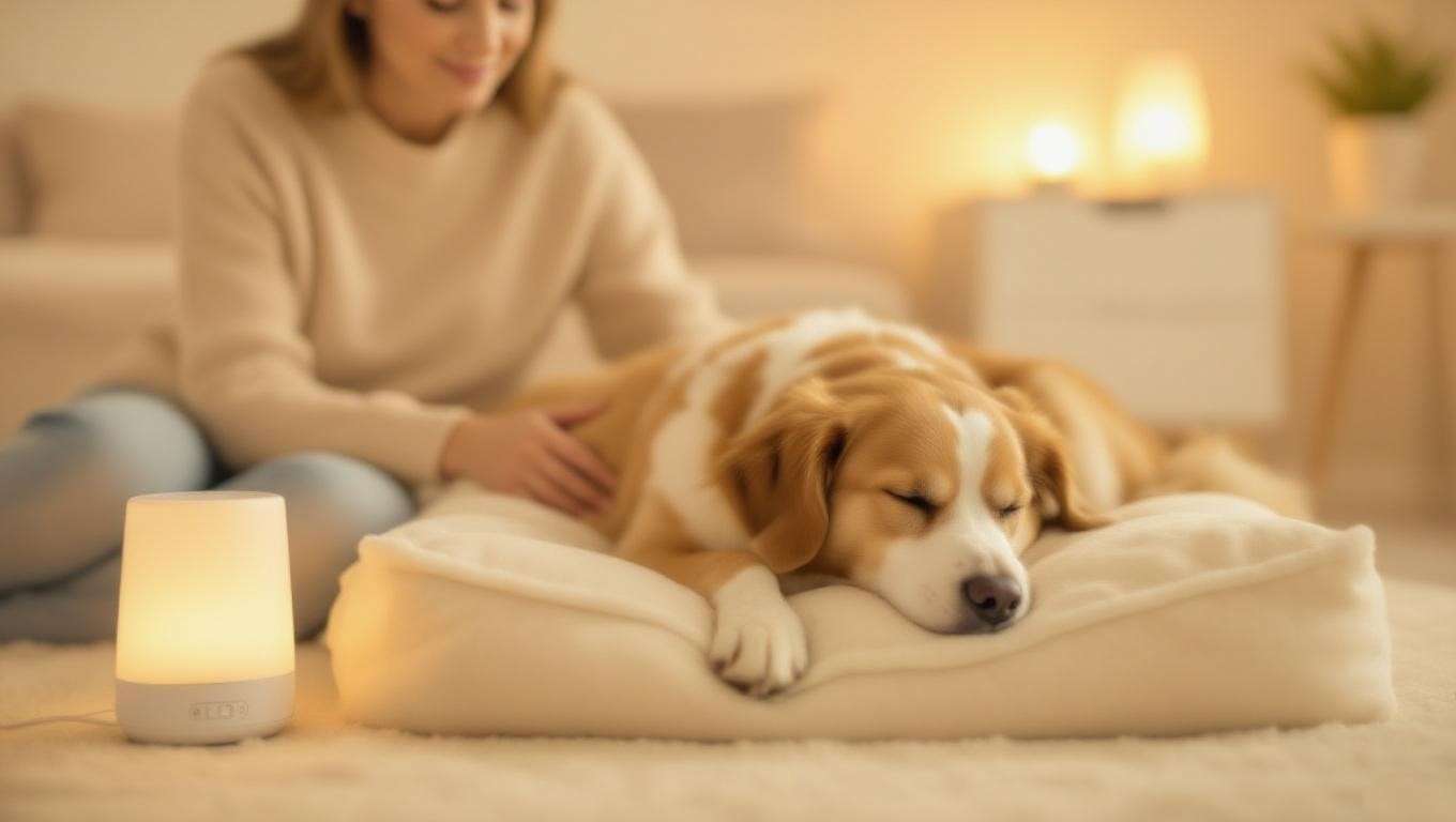 Older dog sleeping on a heated bed with caregiver in a tranquil holistic room