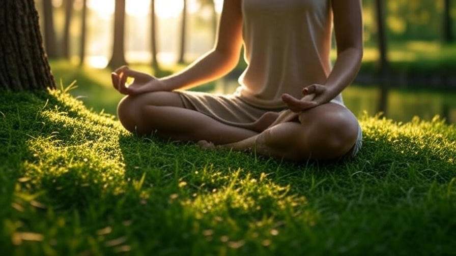 Person meditating in a serene forest with sunlight and a calm lake, symbolizing grounding meditation.