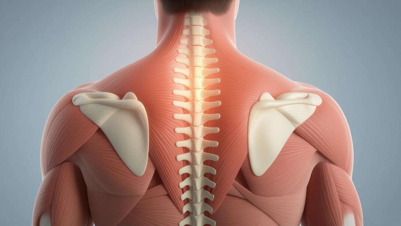 Illustration of upper back and shoulder blade showing pinched nerve in rhomboid muscles and cervical spine