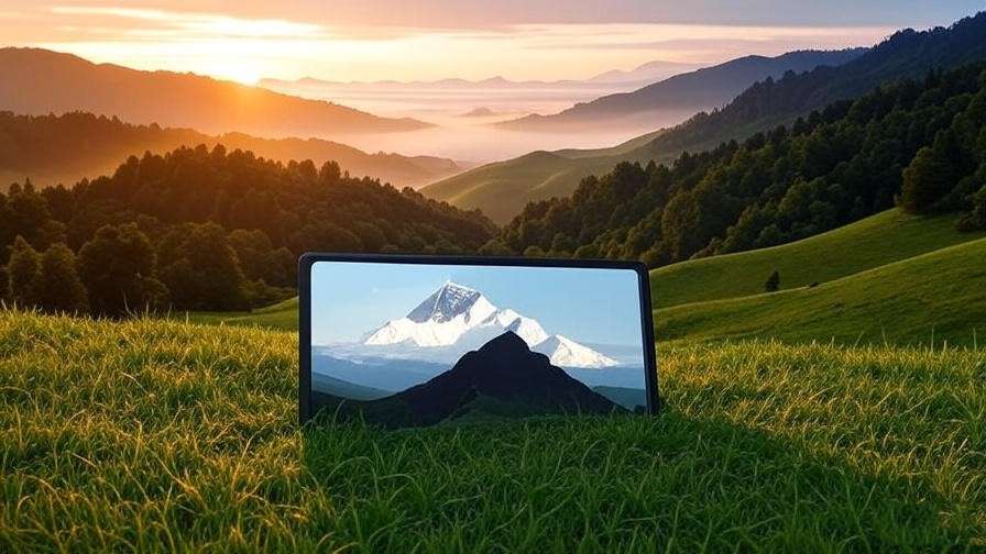 Nature landscape with Sleeping Beauty Everest Face Photo on screen at sunrise for wellness.
