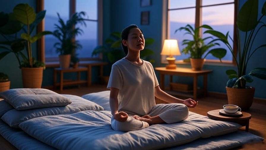 Person meditating in a serene bedroom with chamomile tea and plants for Solea Sleep mindfulness.