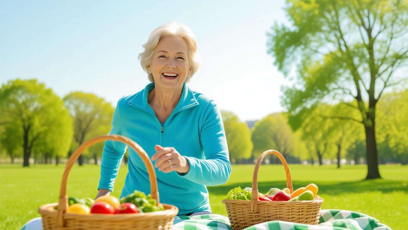 Older person jogging in a park with a healthy picnic basket, representing long-term health benefits.