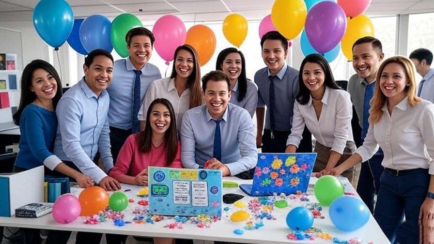 Vibrant office celebration with funny decorations, balloons, and a humorous timeline poster for a work anniversary.