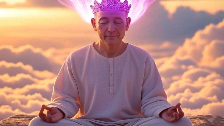 Meditator with purple aura glowing from crown chakra against clouds, symbolizing spiritual awakening.
