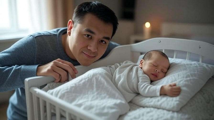 A parent mindfully watching a sleeping newborn, promoting parental well-being.
