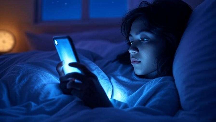 Bedroom at night with blue light from smartphone disrupting sleep and melatonin production. 