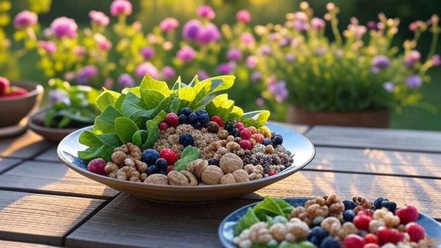 Vibrant plate of mood-boosting superfoods like greens, berries, and walnuts in a garden setting.