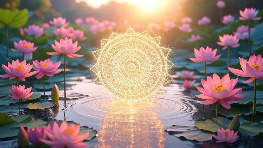 Glowing mandala with lotus flowers in a serene garden for symbols meditation.