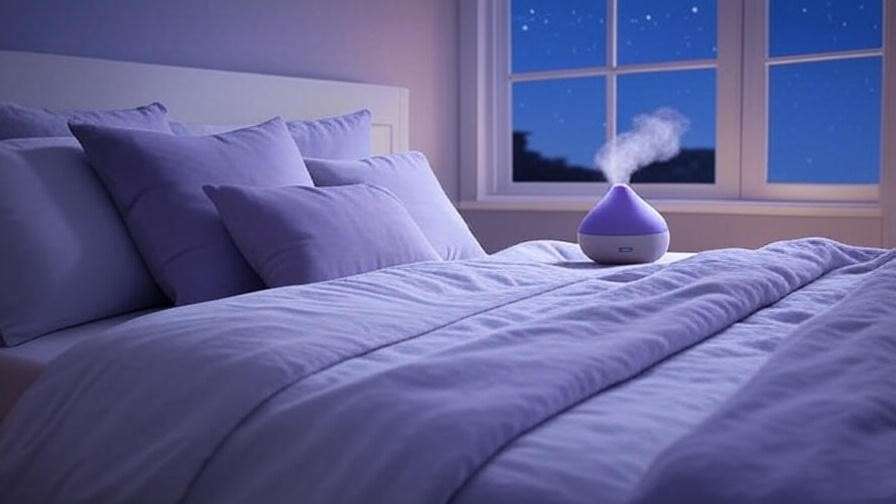Bedroom with lavender diffuser and night sky view, creating a spiritual atmosphere for blessed sleep with Allah.