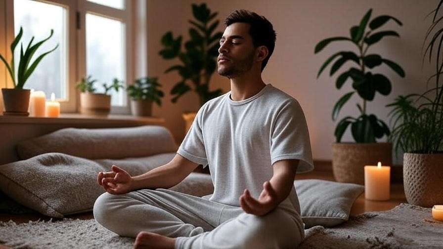 A cozy home meditation space with a person on a cushion, surrounded by candles and plants.