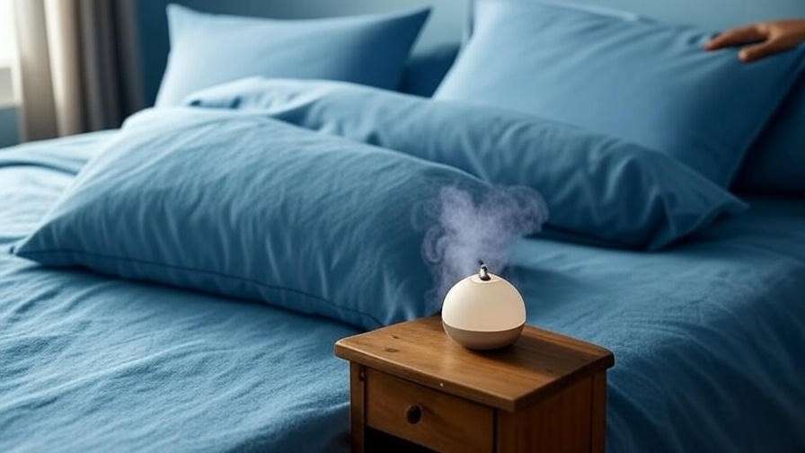 Lavender diffuser and relaxed hand on a pillow in a cozy bedroom to ease fist clenching in sleep with aromatherapy.