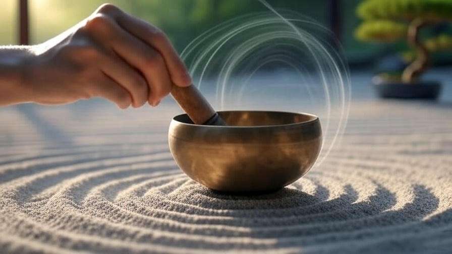 Tibetan singing bowl in use for sound healing to deepen meditation tranquility.