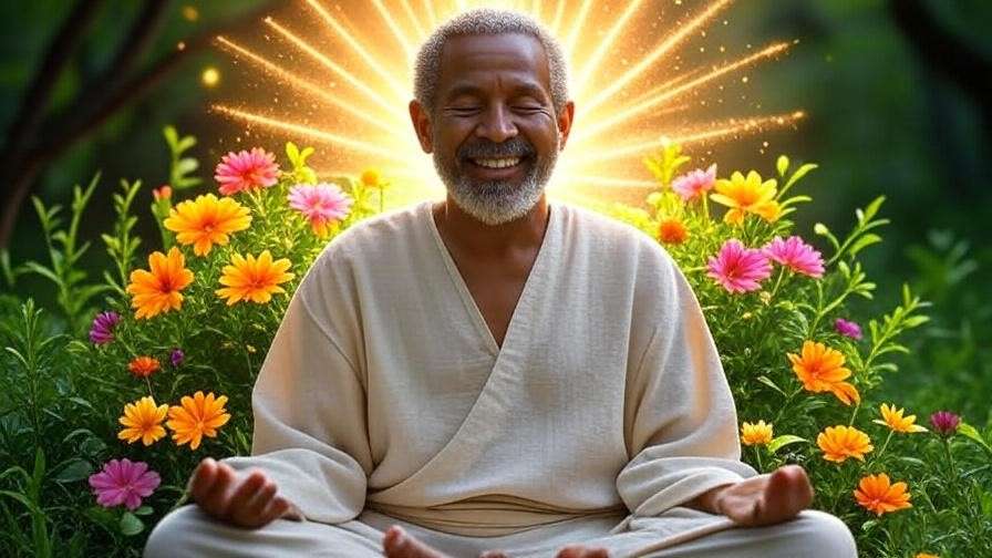 Joyful meditator with golden crown light, vibrant flowers in background