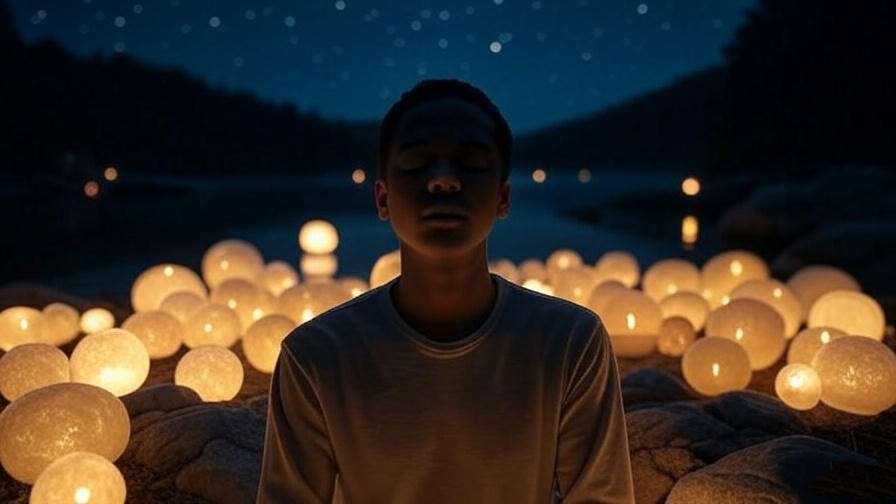 A serene silhouette meditating with glowing orbs symbolizing the Joyful Mysteries against a starry night and calm lake.
