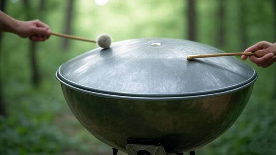 Steel tongue drum played with mallets in calm forest background