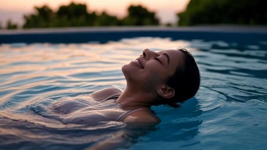 Person floating in a calm pool with gentle ripples under a serene evening sky.