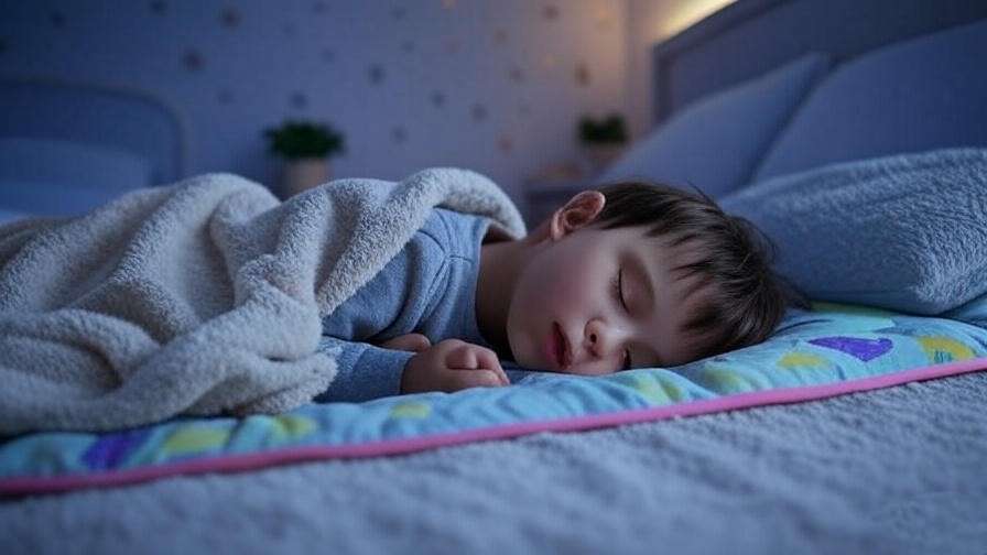 Child practicing deep breathing on a childrens sleeping mat with calming stars and blanket.