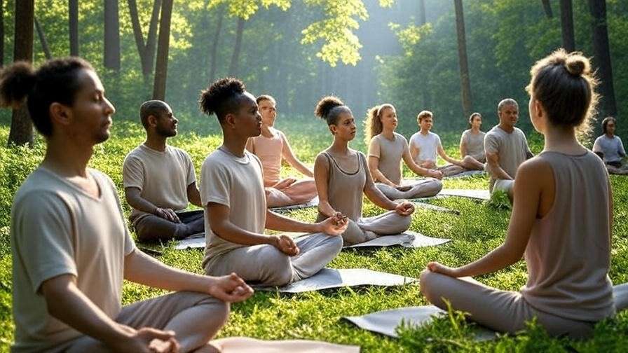 Group meditating at tantra meditation retreat in forest clearing at sunrise.