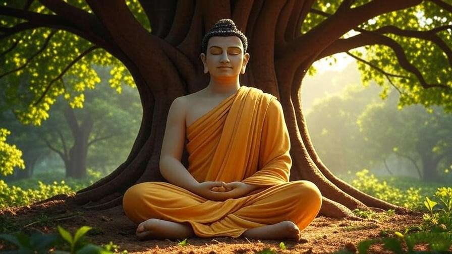 Serene illustration of Buddha Gotama meditating under Bodhi tree for historical enlightenment context.
