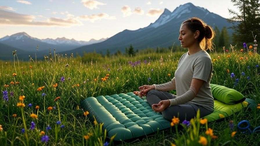 Person meditating on an ultralight sleeping pad at sunrise in nature.