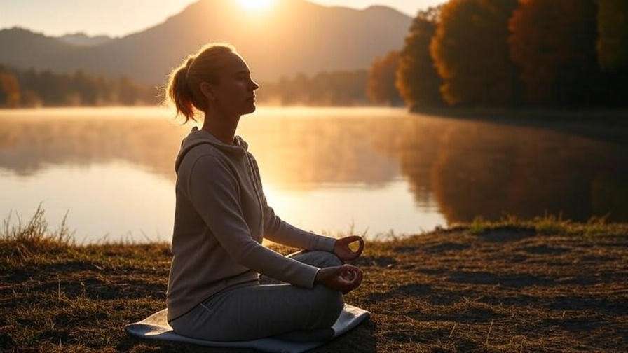 Person meditating by lake at sunrise for sleep and mindfulness.
