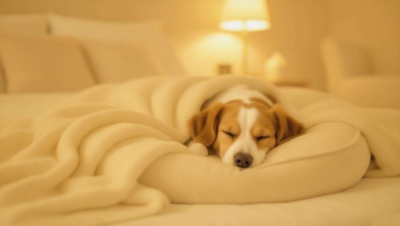 Cozy dog sleep setup with orthopedic bed and soft lighting for a calming environment