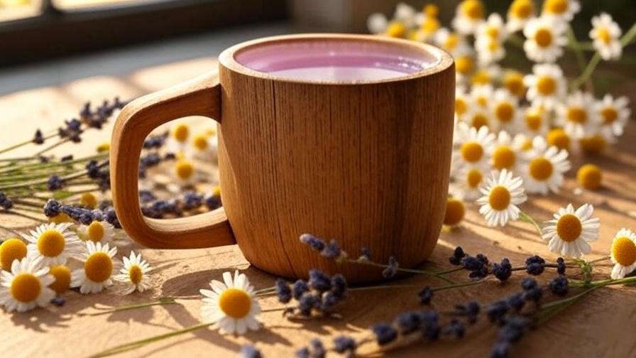 Close-up of Chamomile Lavender Bliss morning meditation drink with flowers.