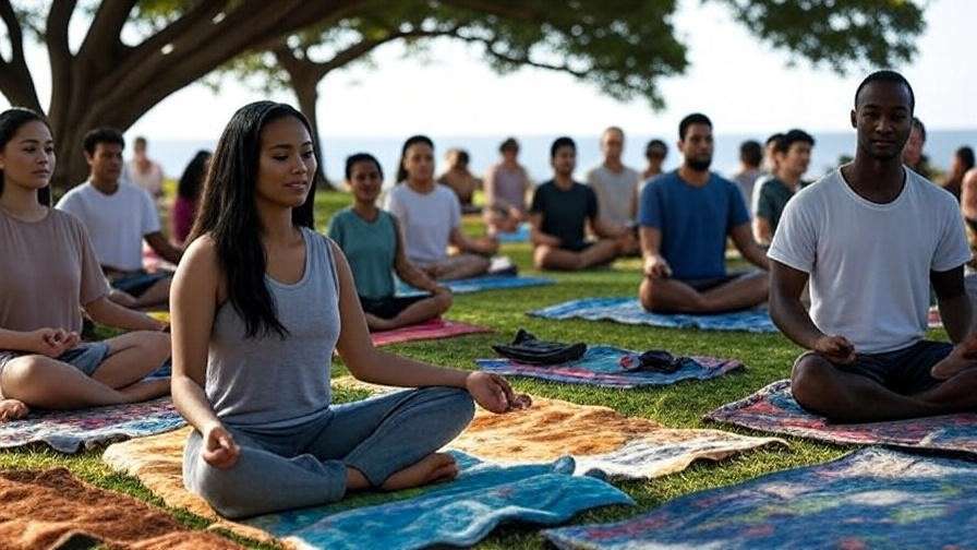 Group meditation session under trees at Bixby Park in Long Beach.