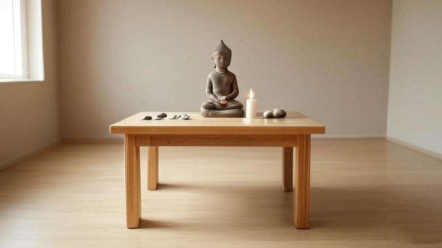 Minimalist altar table with Buddha statue and candle in a calming meditation room.