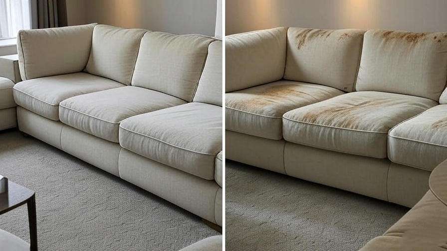 Before-and-after comparison of a clean and worn reclining sleeper sofa highlighting maintenance benefits.