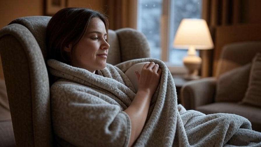 Person using heating pad on shoulder for pain relief in cozy setting.