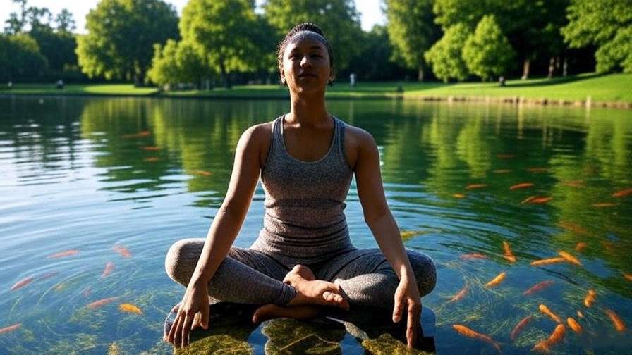 Yoga pose by a dream park lake with colorful fish for holistic wellness. 
