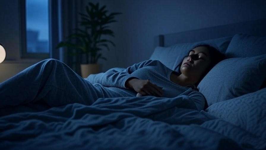 Person using a night guard while practicing deep breathing in a calming bedroom