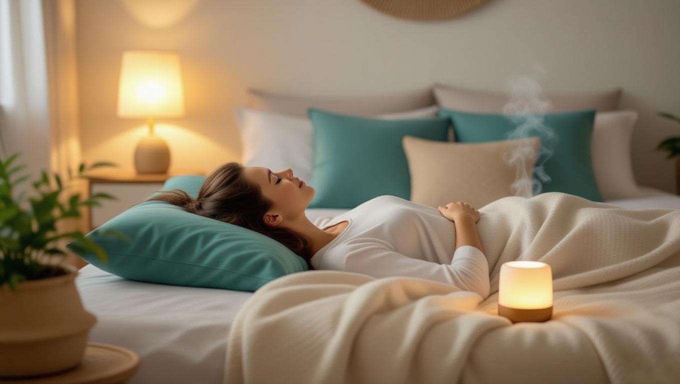 Serene bedroom with person meditating on bed, dim lighting, teal pillows, plant, and diffuser for sleep optimization.