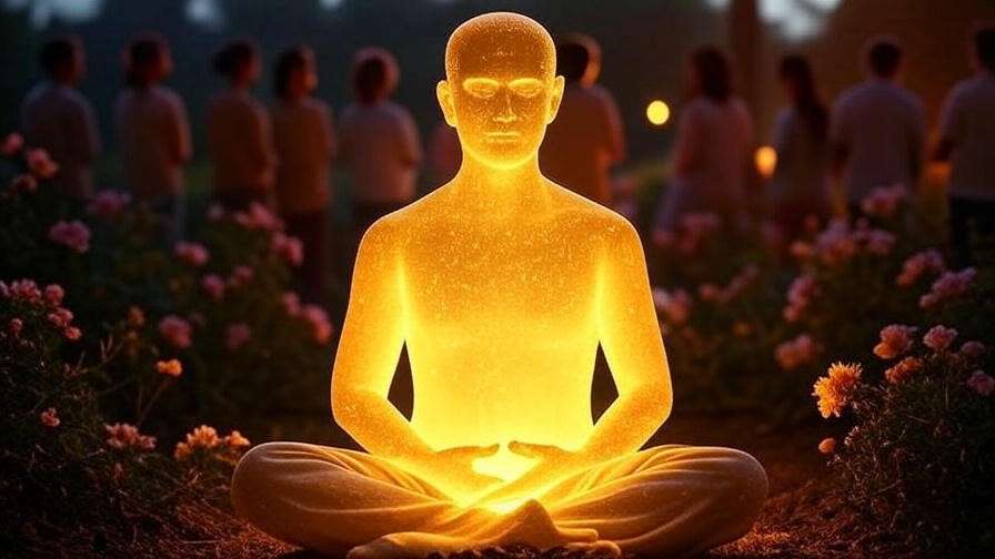 Glowing figure meditating with light reaching others for happiness and connection.