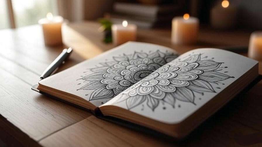 Journal with mandala and candles for symbols meditation practice