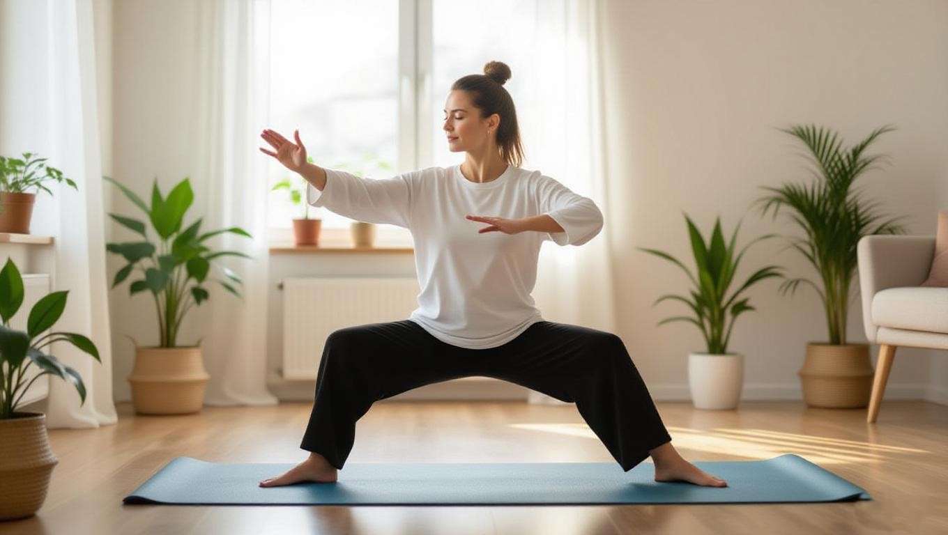 Beginner practicing Tai Chi in a cozy home meditation space