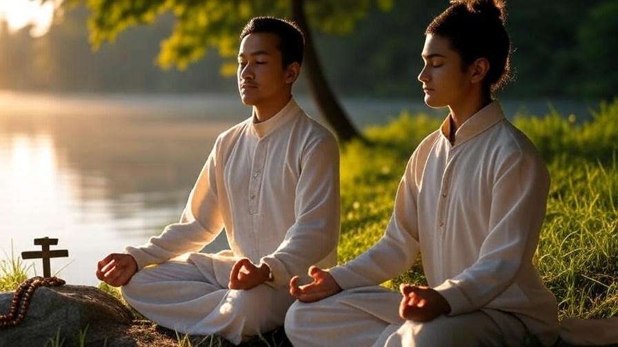 Person meditating by a lake with a cross and Rosary beads, symbolizing misterios luminosos meditados.