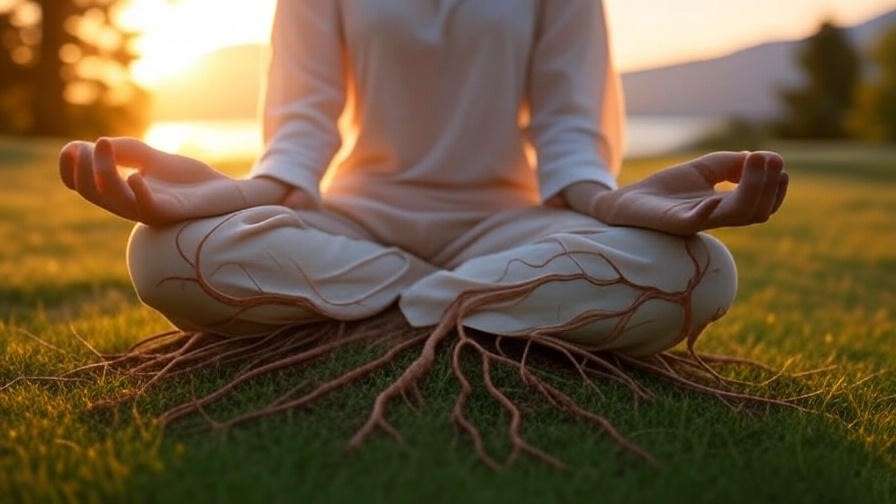 Person meditating barefoot on grass at sunset with roots symbolizing grounding meditation.
