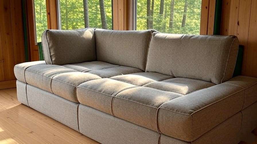Eco-friendly RV sleeper sofa with recycled fabric in natural setting.
