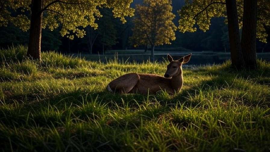A deer resting in a natural forest bed at dusk, surrounded by tall trees and grass, showcasing a serene sleep environment.