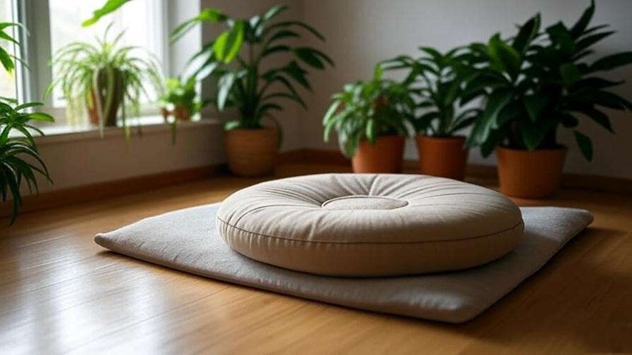 Serene meditation room corner with a zafu cushion on a zabuton mat and indoor plants for zen ambiance.