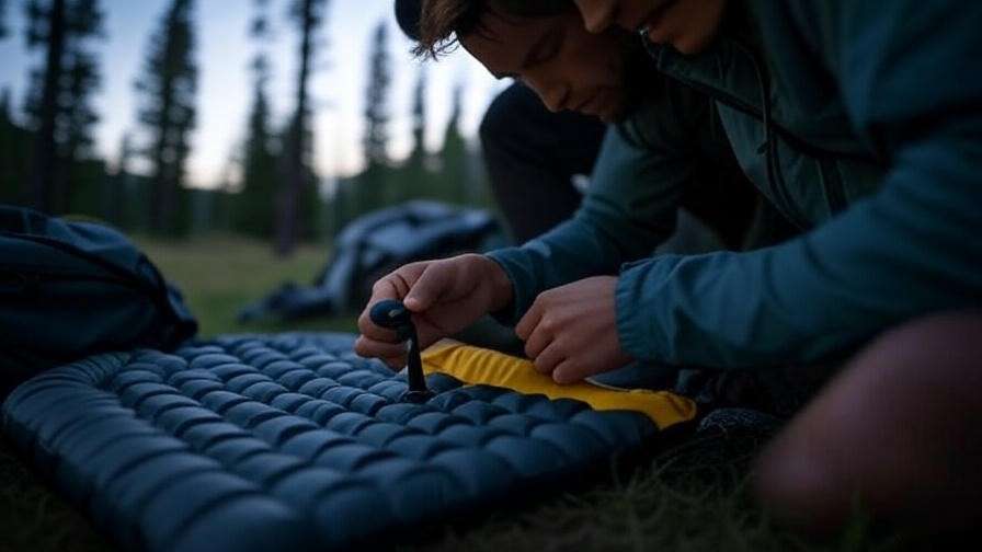 Close-up of inflating an ultralight sleeping pad at a forest campsite with hiking gear.