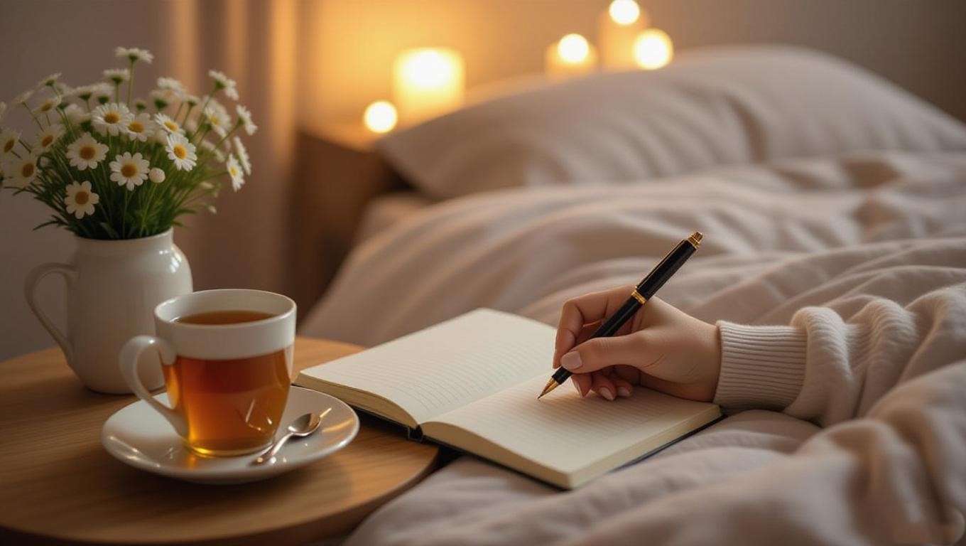 Person journaling with chamomile tea for a mindful bedtime routine to reduce sleep scars