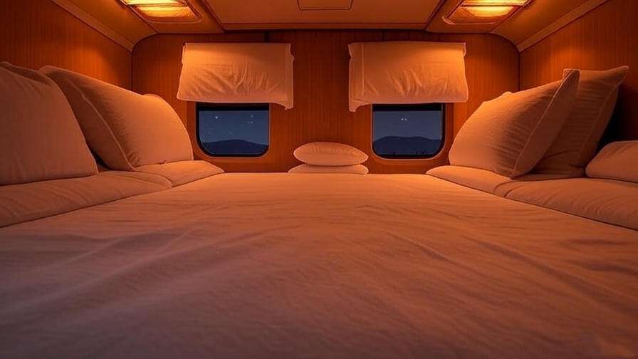 Cozy train sleeper cabin with beds and starry night view for restful travel.