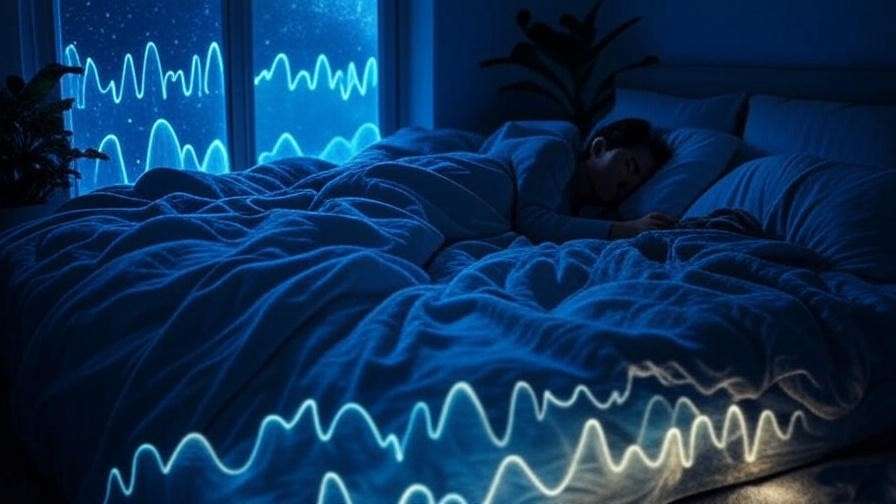 Person sleeping peacefully with AI-generated sleep wave patterns in a cozy bedroom under starry sky.