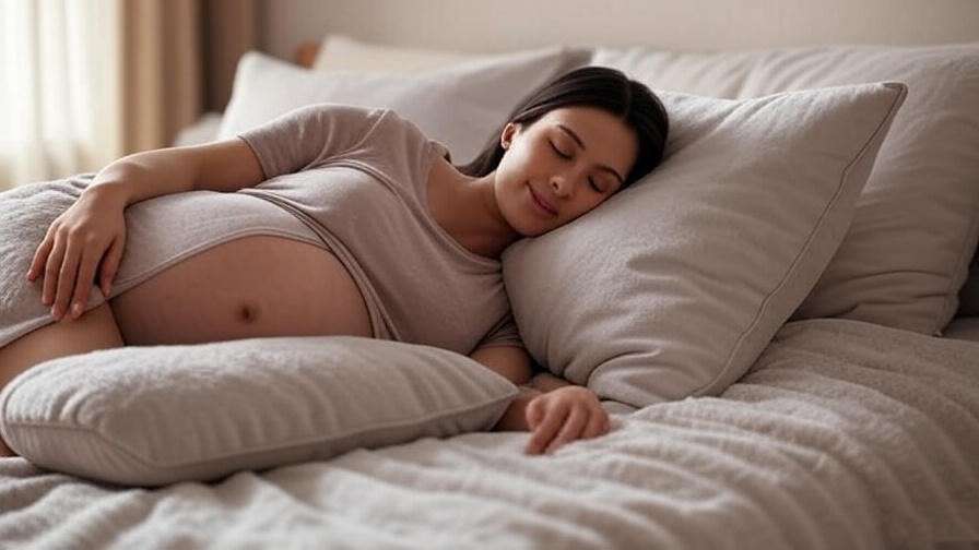 Pregnant woman sleeping on left side with pillow to turn breech baby.
